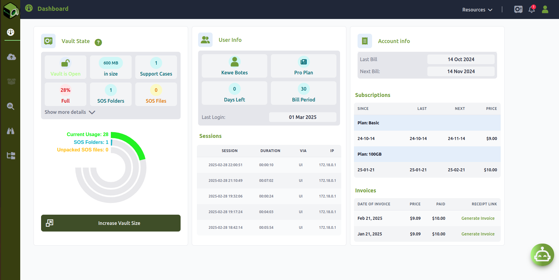 Vault and account status dashboard